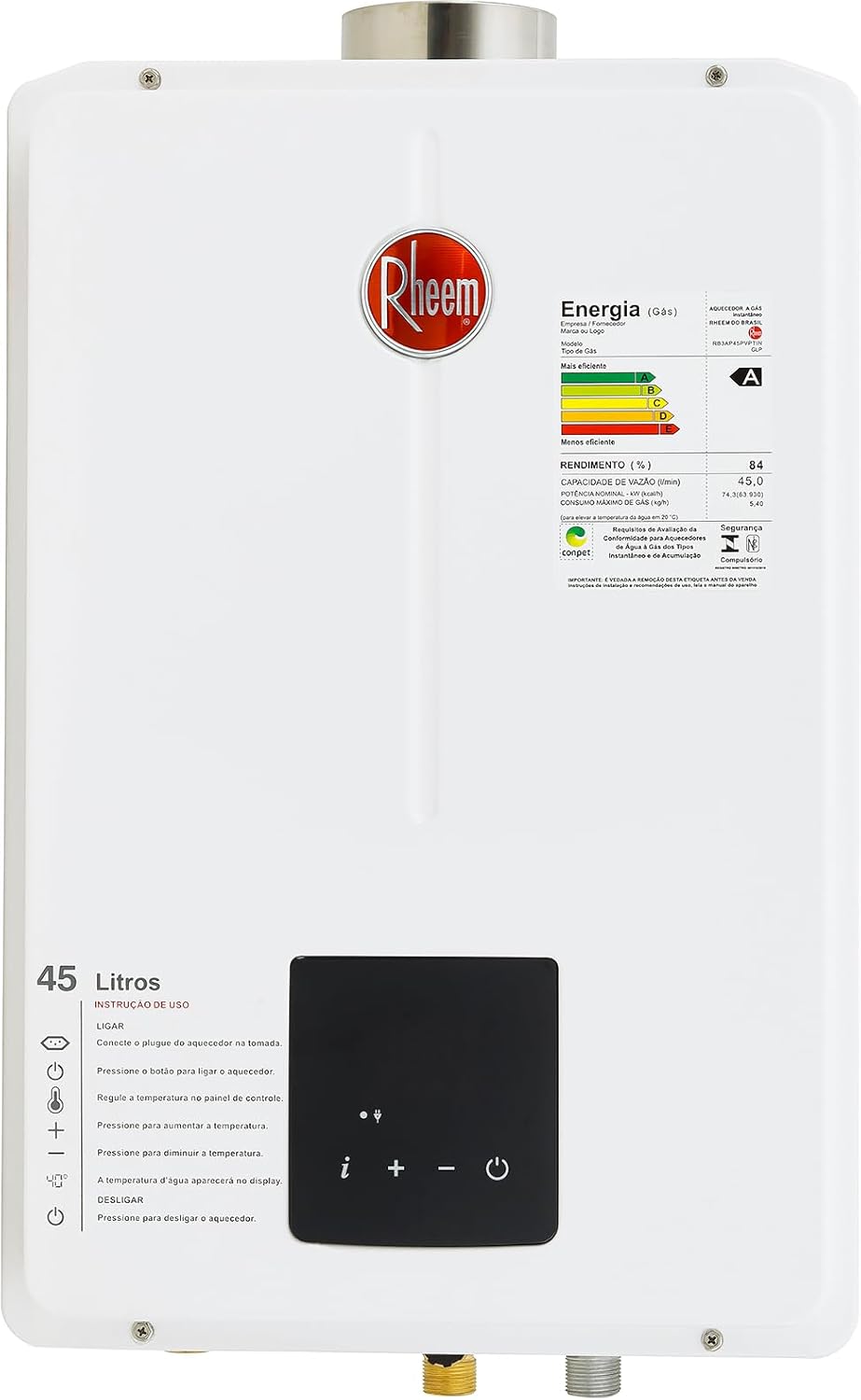 Aquecedor Rheem Digital 45 litros Gás de Botijão GLP Bivolt